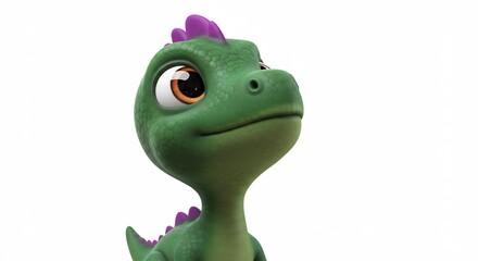 Naklejka premium Schattige groene dino kijkt nieuwsgierig omhoog zacht licht. AI Generated
