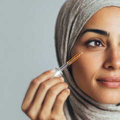 Applying facial cream for skincare routine, portrait of a beautiful Muslim woman made with generative AI