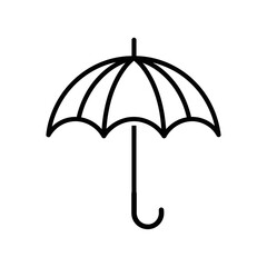 A simple black outline of an umbrella with a curved handle on a plain white background image view