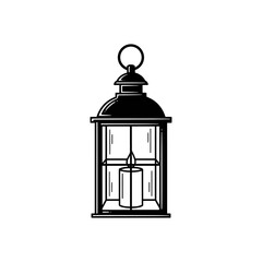 Illustration of a black and white lantern with a candle inside and a ring on top on a white background