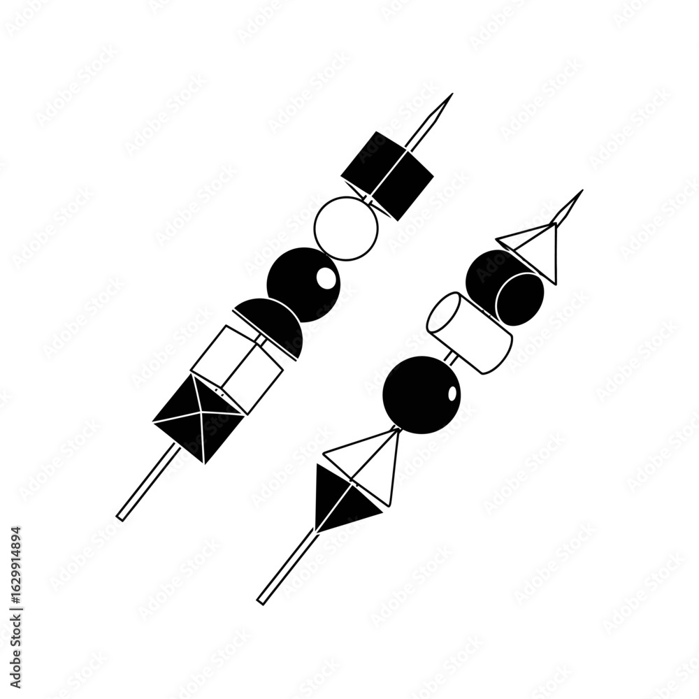 Poster two skewers with geometric shapes in black and white on a white background in a simple illustration