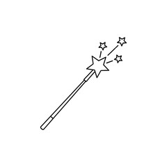 A simple line drawing of a magic wand with a star and smaller stars on a white background space