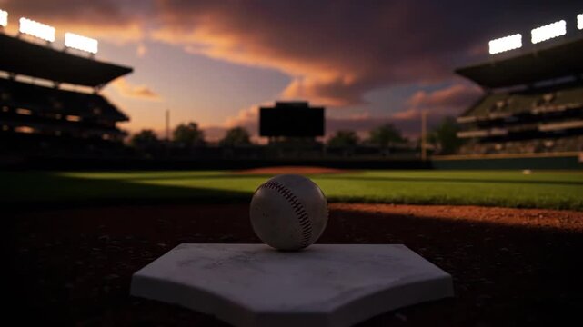 Baseball on Home Plate at Sunset in an Empty Stadium  