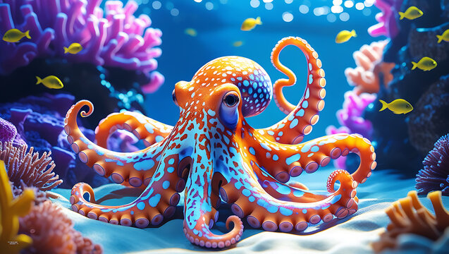 Vibrant orange octopus with blue spots underwater ocean