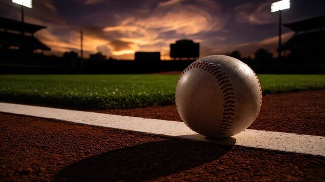 Baseball resting on the field at sunset with stadium lights  