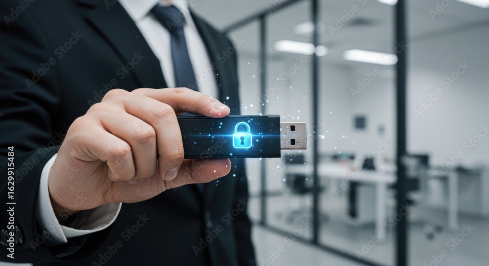 Poster businessman holding a secure usb flash drive with a glowing lock icon representing data protection i