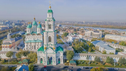 Astrakhan city panorama, with Kremlin view, city landscape and Assumption Cathedral.
