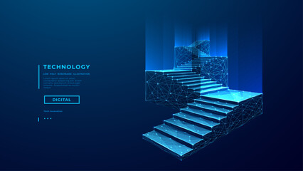 Career ladder or growth concept. 3D stairway with light glowing podiums on a technology blue background. Abstract digital flight of stairs. Low poly wireframe vector illustration. © AntonKhrupinArt