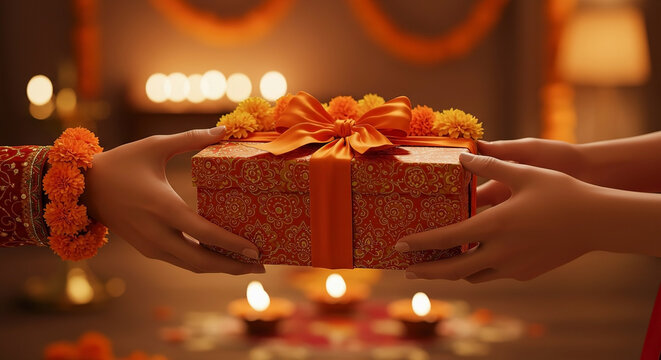 Gift exchange during festive Diwali celebration with candles and marigold decorations in vibrant setting