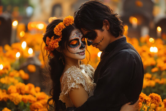 A couple surrounded by flowers and candles in a cemetery.