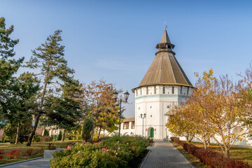 Fototapeta premium Historic wall tower at Astrakhan Kremlin in the Russian Volga region, a must-visit cultural landmark in southern Russia. 