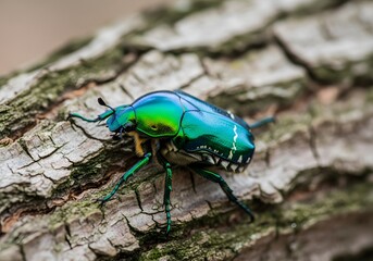 Naklejka premium A vibrant metallic green beetle on a textured tree bark