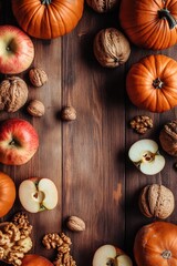 rustic wooden background, featuring pumpkins, apples, and walnuts in the corners of the photo, autumn-themed wallpaper for your phone, copy space in the middle, vertical photo