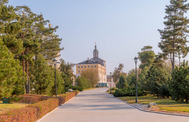 Beautiful park within Astrakhan Kremlin in the Russian Volga region, where locals enjoy a scenic...