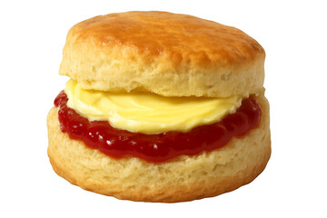 Delicious scone with butter and strawberry jam on transparent background