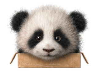 Naklejka premium Adorable baby panda cub peeking from a cardboard box isolated transparent background