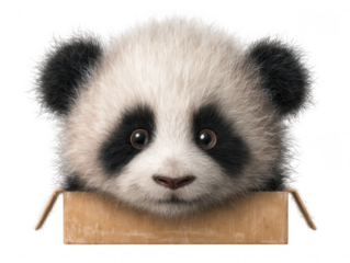 Adorable baby panda cub peeking from a cardboard box isolated transparent background