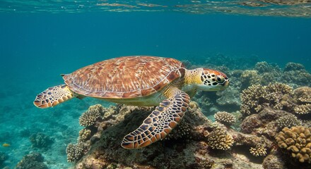 Obraz premium Sea turtle gliding near coral reef