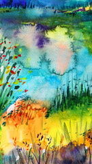 Impressionistic landscape painting with vibrant colors and abstract floral elements in the foreground