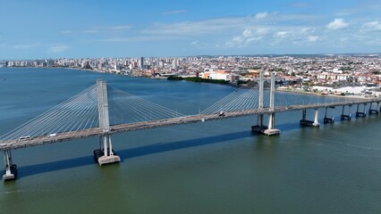 Cable Bridge In Aracaju Sergipe Brazil. Traffic Is Moving Across A Modern Cable-Stayed Bridge....