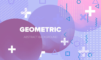 Modern vector in Memphis style, with abstract geometric shapes like circles, crosses, lines, and dots. The theme is creative design. Soft purple, pink, blue, and white colors create a playful vibe.