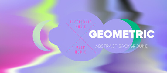 Modern vector illustration with a dreamy, futuristic style, featuring vibrant gradients and geometric shapes. Theme is outer space. Soft pastel colors include pink, purple, green, and blue circles.