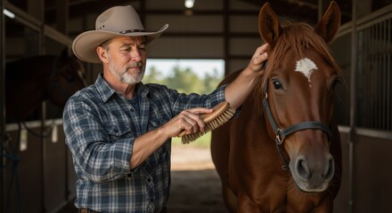 Elderly man brushing brown horse in stable with rustic background  