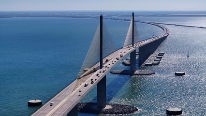 Sunshine Skyway Bridge In Saint Petersburg Florida United States. Stunning Landscape Of Highway...