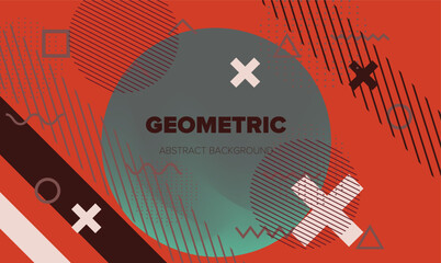 Modern abstract vector with geometric Memphis style. Features overlapping circles, crosses, lines, zigzags, and dots in teal, white, red, and dark colors. Theme is dynamic geometry and playful design.