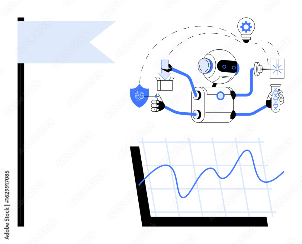 Poster robot managing tasks thumbs up lab testing, data analysis, research, and light bulb ideas. ideal for