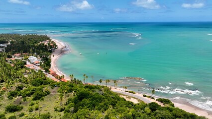 Northeastern Brazil Skyline In Japaratinga Alagoas Brazil. Breathtaking Aerial View Of A Lush Tropical Coastline Scenery. Shore Clouds Sky Beach Sea. Shore Beach Scenic Coastline.