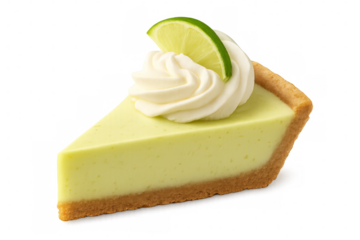 Key lime pie slice with whipped cream and lime on transparent background