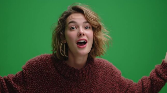 young woman tolking with exprassive hands with red t shirt green screen 