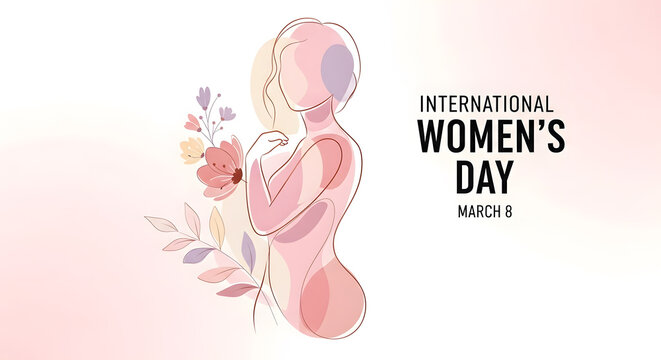 Elegant line art illustration celebrating International Women's Day on March 8, featuring a feminine silhouette holding flowers. A concept of female empowerment and celebration.