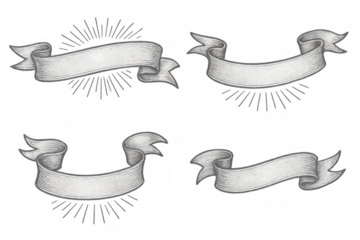 Four hand-drawn ribbons with sunbursts are displayed on a transparent background, creating a vintage and elegant design