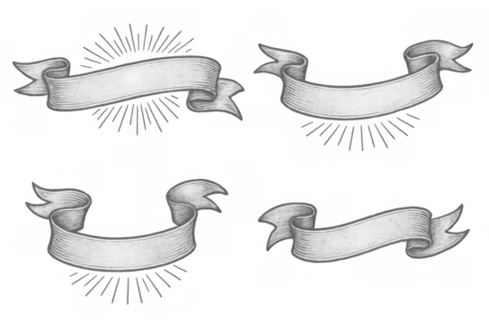 Four hand-drawn ribbons with sunbursts are displayed on a transparent background, creating a vintage and elegant design