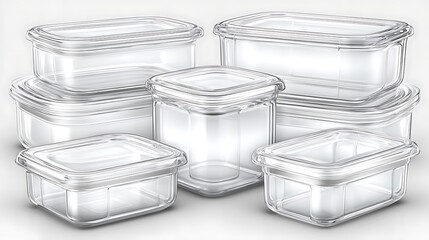 Obraz premium Transparent Food Storage Containers Stacked on a White Background with Studio Shot.