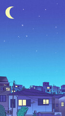 Illustration of a cityscape at night with a crescent moon and twinkling stars in the sky above it