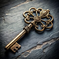 Ornate vintage brass key resting on a dark stone surface, symbolizing access and opportunity