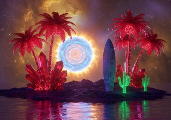 Futuristic Island Retreat Vibrant Neon Palms and Crystals Illuminate a Mystical Surf Spot Under a Pulsating Cosmic Gateway.
