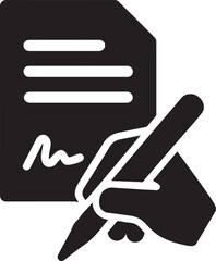 Silhouette of contract signing hand holding pen, simple bold vector for business and legal concepts.
