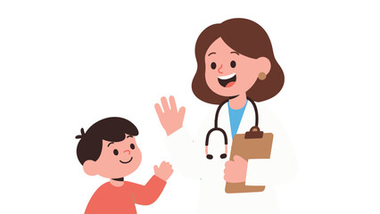 A smiling female physician with a stethoscope and clipboard greets a small child patient. Concept of pediatric healthcare and wellness.