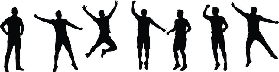 Silhouettes of men jumping, dancing, celebrating, expressive body poses, black vector figures, isolated on white, full body en.eps