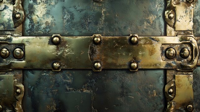 Digital render of weathered metal panels with rivets, displaying a muted green-gold color palette.