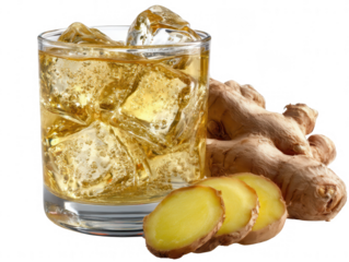 Refreshing Ginger Ale Drink with Ice Cubes and Fresh Ginger Root Slices
