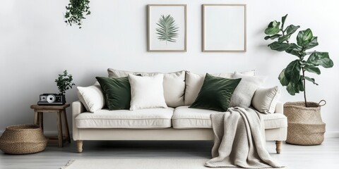 Fototapeta premium Stylish Scandinavian Living Room with White Sofa, Natural Decor, and Cozy Atmosphere for Home Charm
