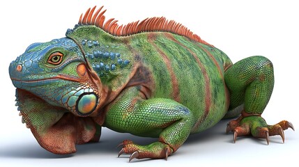 Obraz premium Vibrant Green Iguana with Red Spikes and Blue Facial Markings with on White Background.