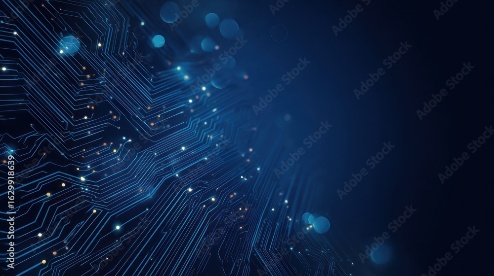 Poster a visual representation of a circuit board design with blurred bokeh lights against a dark blue back