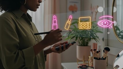 Futuristic beauty technology where a Black woman uses an augmented reality smartphone app for a virtual makeup tutorial with glowing neon icons. - Powered by Adobe