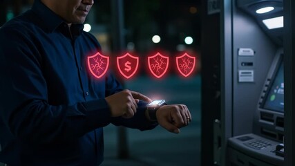 Financial security and banking technology concept where an adult man uses his smartwatch to check security alerts and manage account protection near an ATM at night. - Powered by Adobe